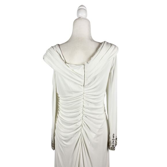 Mac Duggal Beaded Cuff Off-Shoulder Faux Wrap Gown White NWT Size 12 - Picture 8 of 12